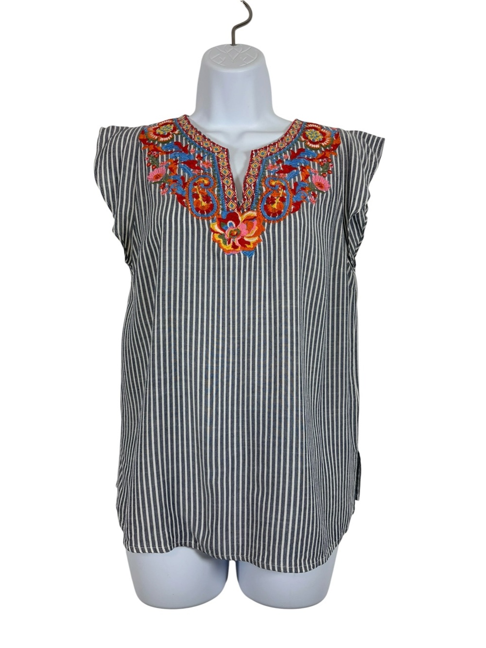 Savanna Jane Embroidered Stripe Flutter Sleeve Vneck Boho Tunic Blouse SzS